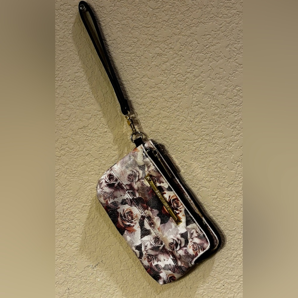 Betsey Johnson Double Zipper Pouch Wristlet Wallet Vintage Rose Print